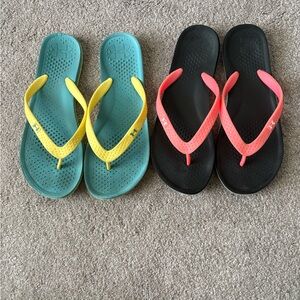 Under Armour Flip Flops - Teal with Yellow & Black with Coral